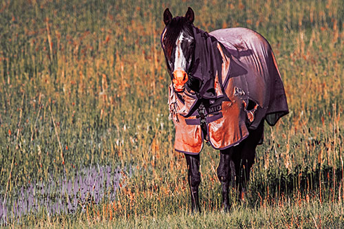 Horse Wearing Coat Standing Along Marsh (Red Tint Photo)