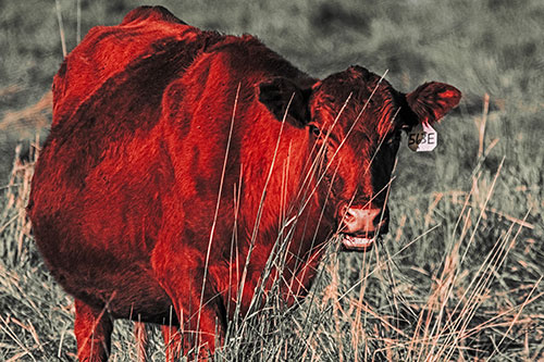 Hungry Open Mouthed Cow Enjoying Hay (Red Tint Photo)