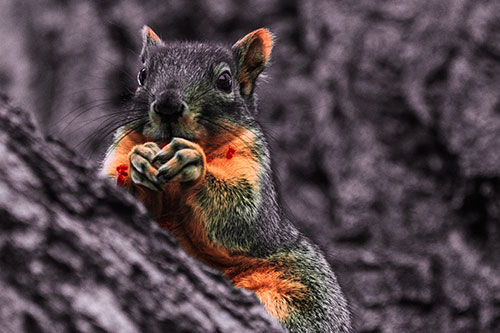 Hungry Squirrel Feasting Among Sloping Tree Branch (Red Tint Photo)