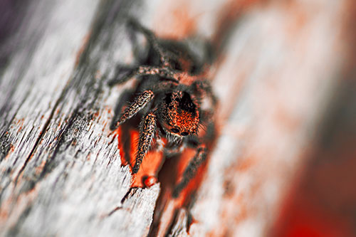 Jumping Spider Perched Among Wood Crevice (Red Tint Photo)