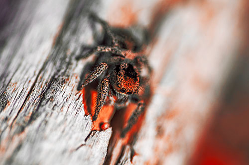 Jumping Spider Perched Among Wood Crevice (Red Tint)