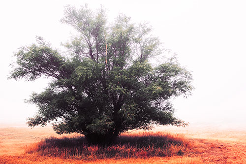 Lone Tree Standing Among Fog (Red Tint Photo)