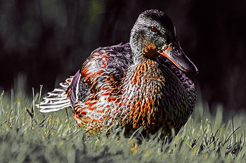 Rested Mallard Duck Rises To Feet (Red Tint Photo)