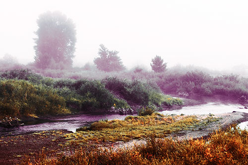 River Flowing Along Foggy Vegetation (Red Tint Photo)