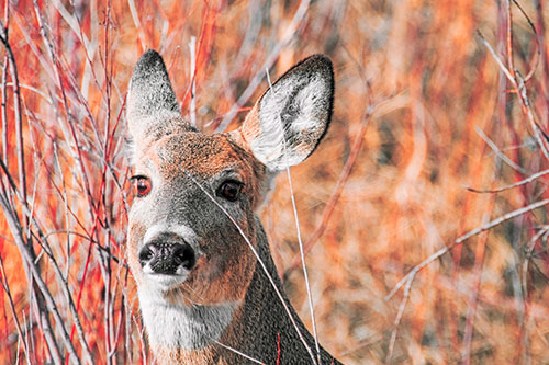Scared White Tailed Deer Among Branches (Red Tint Photo)