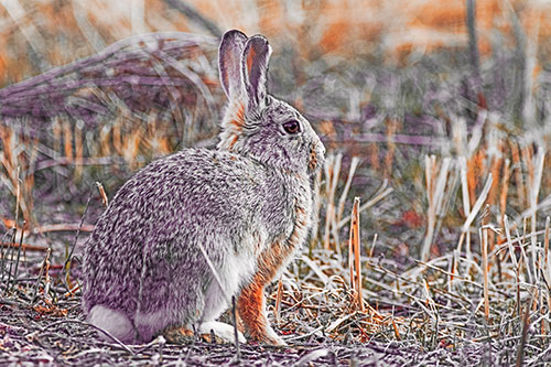 Sitting Bunny Rabbit Among Broken Plant Stems (Red Tint Photo)
