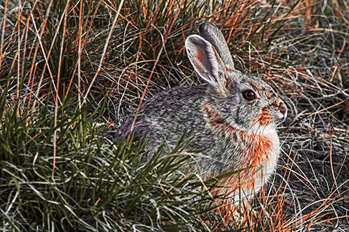 Sitting Bunny Rabbit Enjoying Sunrise Among Grass (Red Tint Photo)