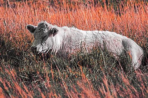 Sleeping Cow Resting Among Grass (Red Tint Photo)