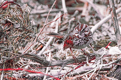 Song Sparrow Standing Atop Broken Branch (Red Tint Photo)