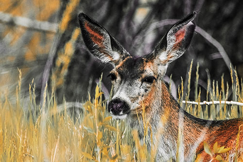 White Tailed Deer Sitting Among Tall Grass (Red Tint Photo)