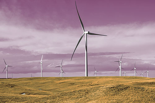 Wind Turbine Cluster Scattered Across Land (Red Tint Photo)