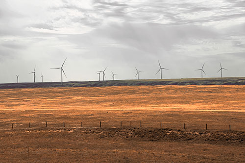 Wind Turbines Scattered Along The Prairie Horizon (Red Tint Photo)