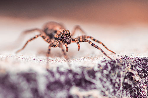 Wolf Spider Standing Along Rock Edge (Red Tint)