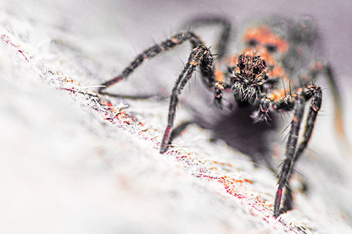 Wolf Spider Watching Among Sloping Rock (Red Tint)