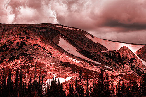 Clouds Cover Melted Snowy Mountain Range (Red Tone Photo)