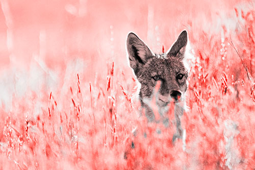 Coyote Peeking Head Above Feather Reed Grass (Red Tone Photo)