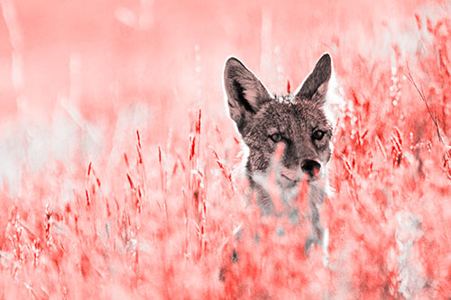 Coyote Peeking Head Above Feather Reed Grass (Red Tone)
