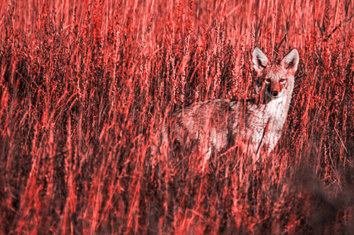 Coyote Watches Among Feather Reed Grass (Red Tone Photo)