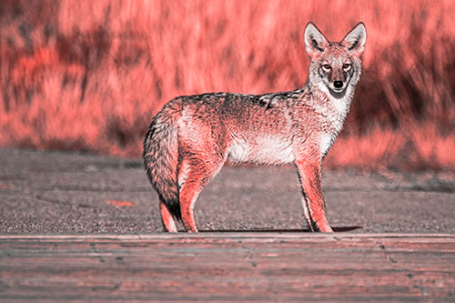Crossing Coyote Glares Across Bridge Walkway (Red Tone Photo)