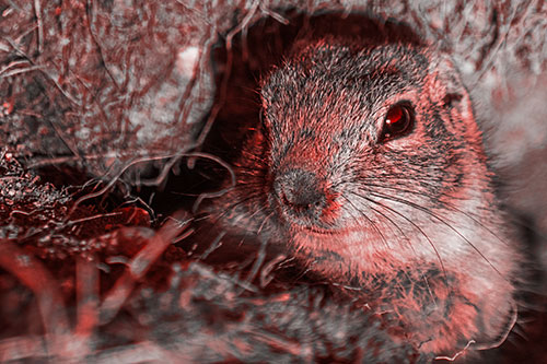 Curious Prairie Dog Watches From Dirt Tunnel Entrance (Red Tone Photo)