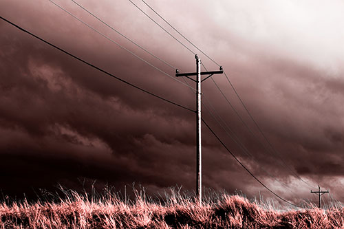 Dark Thunderstorm Clouds Over Powerline (Red Tone Photo)