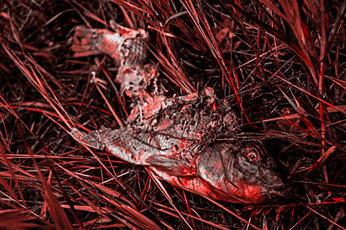 Decaying Salmon Fish Rotting Among Grass (Red Tone Photo)