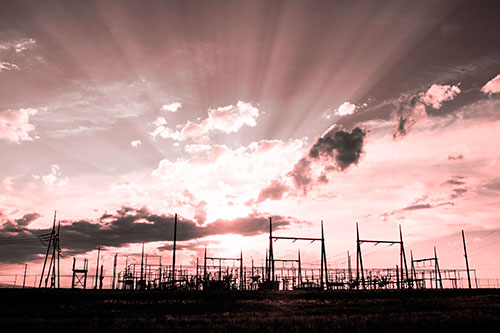 Electrical Substation Sunset Bursting Through Clouds (Red Tone Photo)