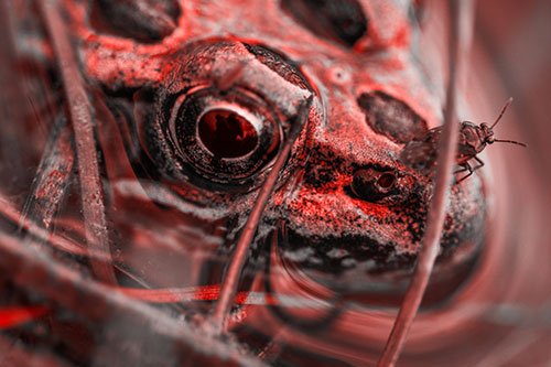 Fly Standing Atop Leopard Frogs Nose (Red Tone)