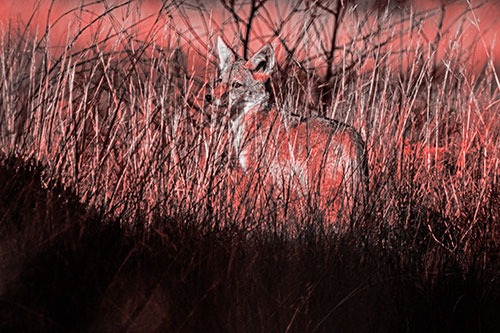 Gazing Coyote Watches Among Feather Reed Grass (Red Tone Photo)