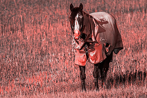 Horse Wearing Coat Standing Along Marsh (Red Tone Photo)