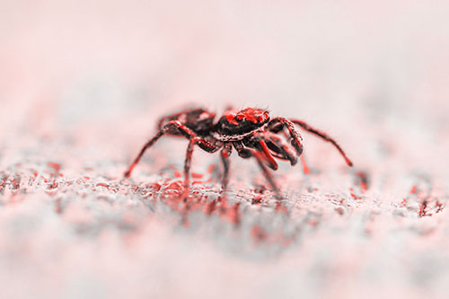 Jumping Spider Crawling Along Flat Terrain (Red Tone)