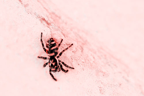 Jumping Spider Crawling Down Wood Surface (Red Tone Photo)