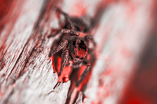 Jumping Spider Perched Among Wood Crevice (Red Tone Photo)