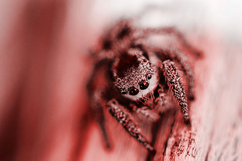Jumping Spider Resting Atop Wood Stick (Red Tone Photo)