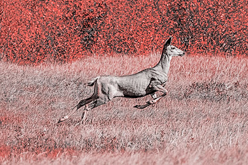 Leaping Mule Deer Running Across Grassland (Red Tone)