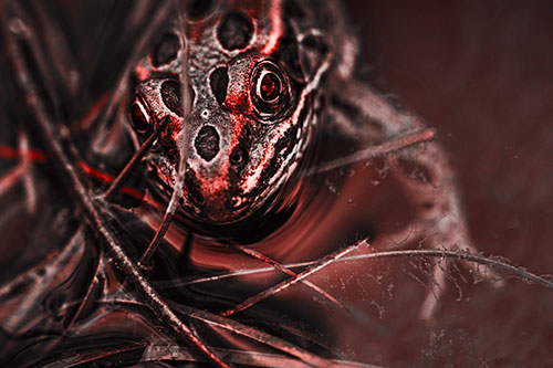 Leopard Frog Stares Among Shoreline Water (Red Tone)