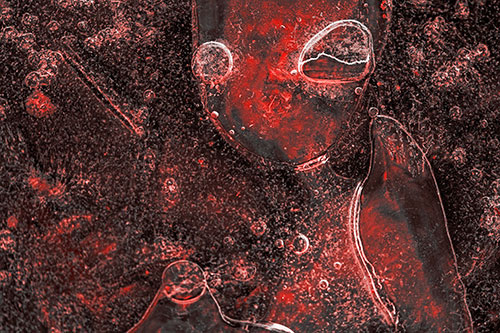 Mouthless Alien Ice Figure Forms Among Frozen River Water (Red Tone)