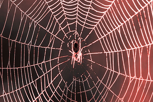 Orb Weaver Spider Rests Among Web Center (Red Tone Photo)