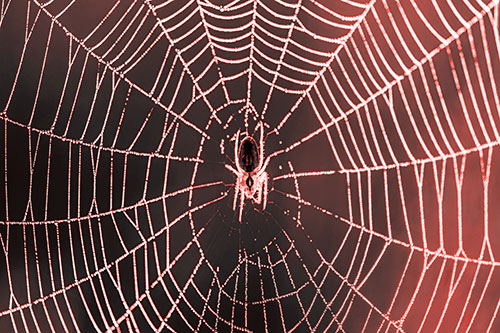 Orb Weaver Spider Rests Among Web Center (Red Tone)