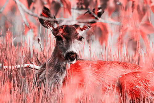 Resting White Tailed Deer Watches Surroundings (Red Tone Photo)