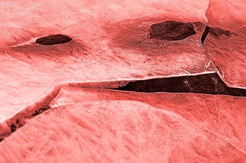 Rock Face Emerges Among Cracked Frozen Ice (Red Tone)