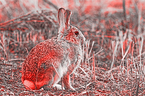 Sitting Bunny Rabbit Among Broken Plant Stems (Red Tone Photo)