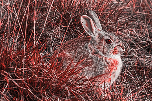 Sitting Bunny Rabbit Enjoying Sunrise Among Grass (Red Tone Photo)