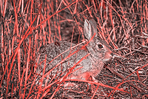 Sitting Bunny Rabbit Enjoying Sunshine Among Sticks (Red Tone)