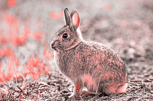 Sitting Bunny Rabbit Perched Beside Grass Blade (Red Tone Photo)