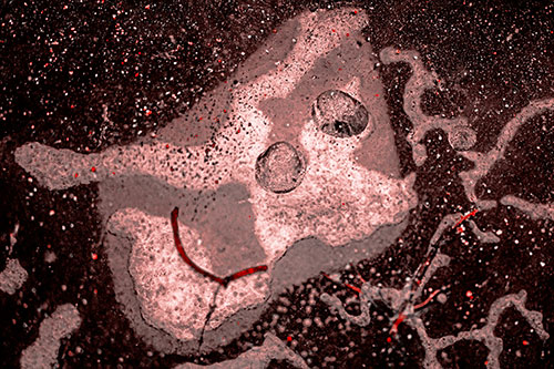 Smiley Bubble Eyed Block Face Below Frozen River Ice Water (Red Tone Photo)