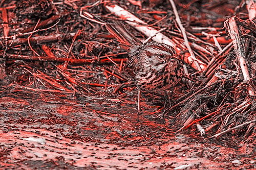 Song Sparrow Peeking Around Sticks (Red Tone Photo)