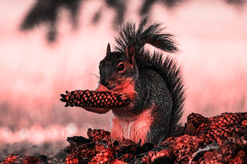 Squirrel Eating Pine Cones (Red Tone Photo)