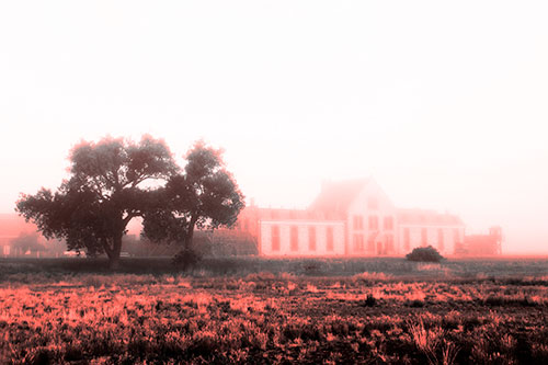 State Penitentiary Glowing Among Fog (Red Tone Photo)