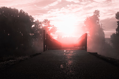 Sun Rises Beyond Foggy Wooden Walkway Bridge (Red Tone Photo)